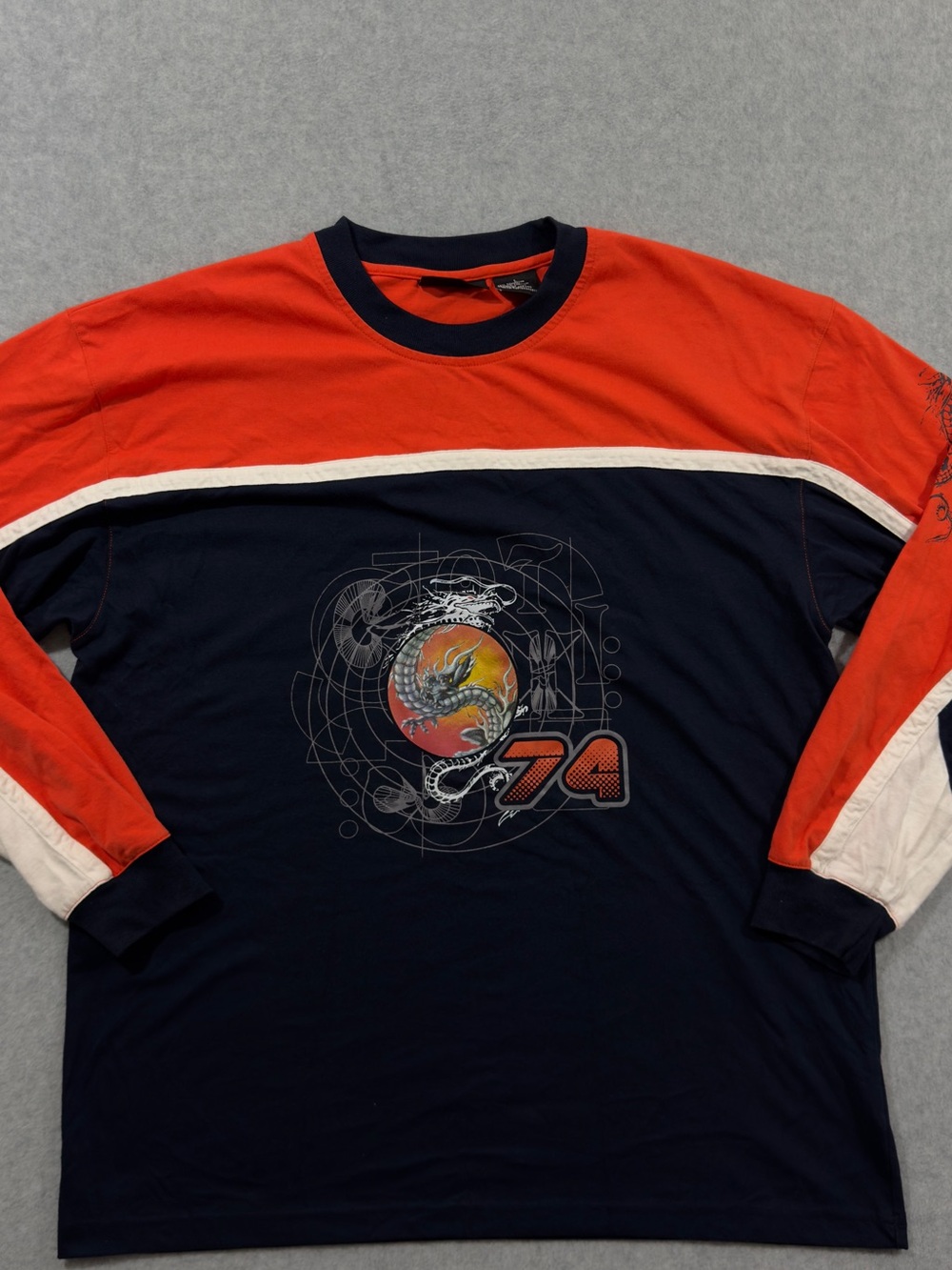 Vintage Y2K No Boundaries Navy Orange & White Long Sleeve Graphic T Size L